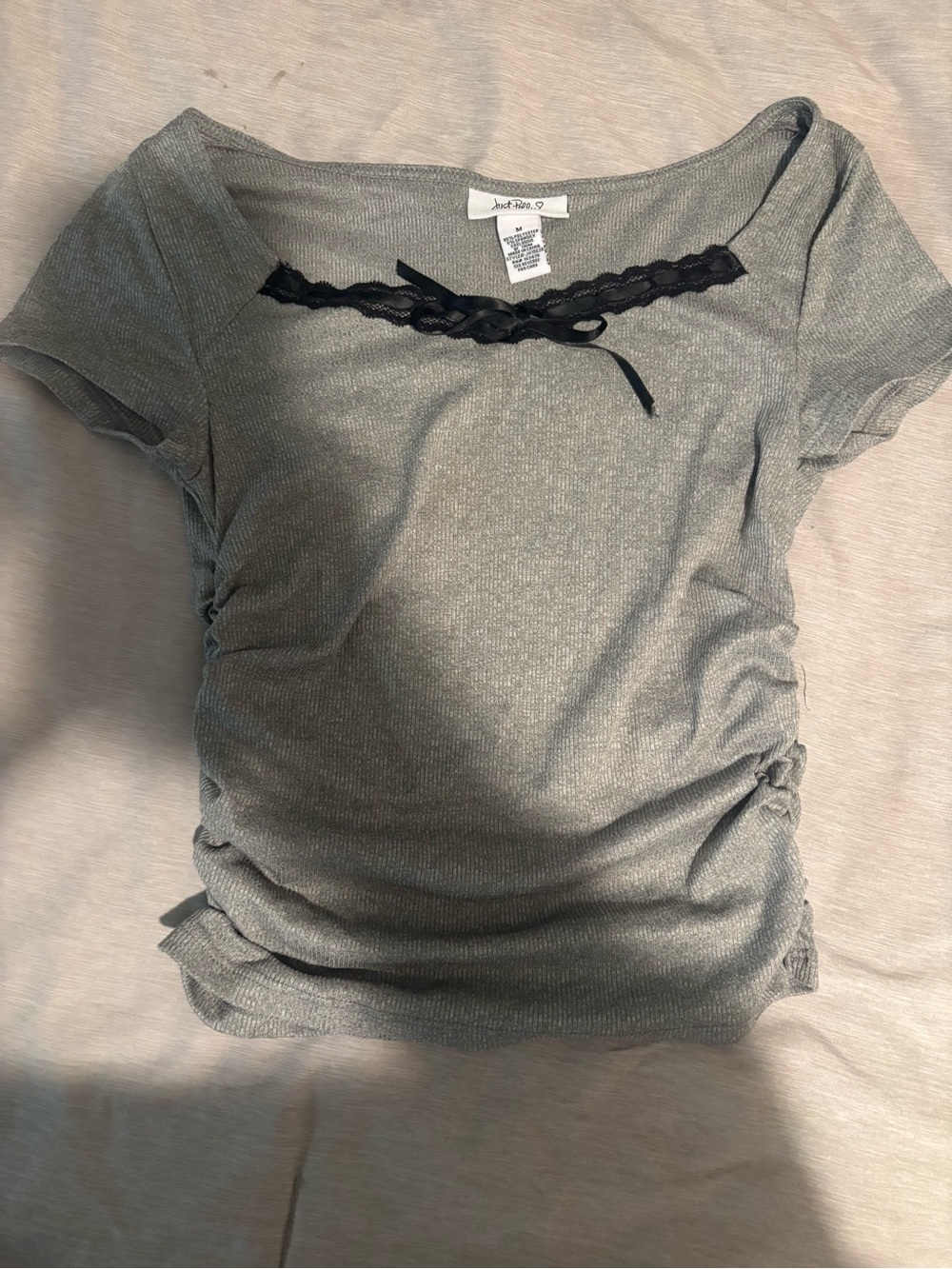 Just Me Gray Ribbed Short Sleeve Top with Black Lace Accent